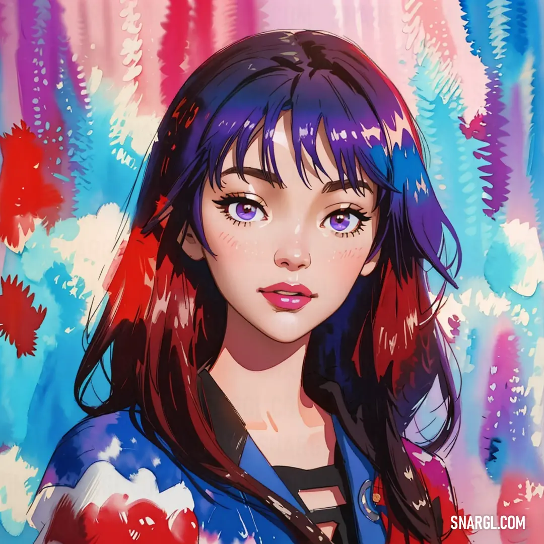 Painting of a girl with blue eyes and red hair, with a red. Example of RGB 146,0,34 color.