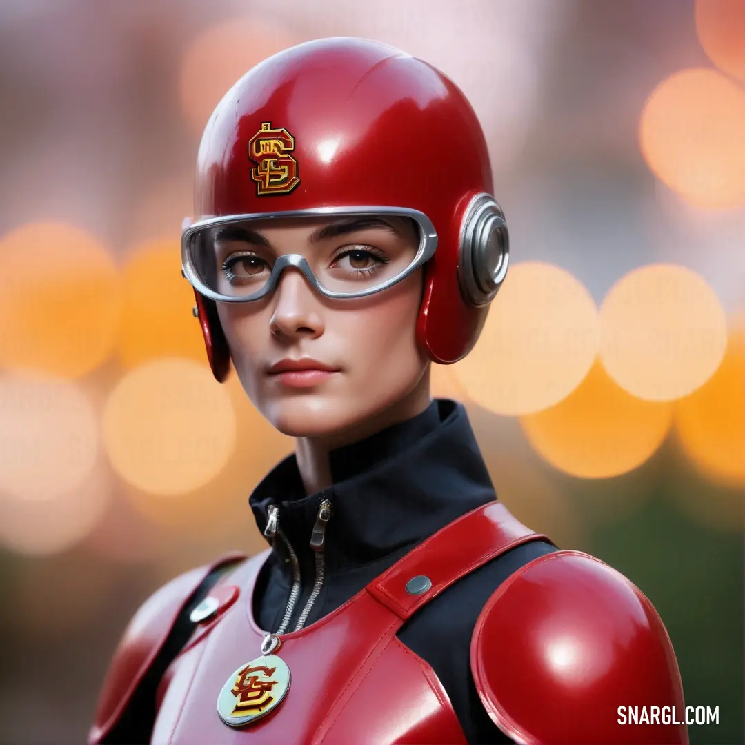 NCS S 2570-R color example: Woman in a red suit and helmet with a pair of glasses on her face and a red helmet with a gold emblem