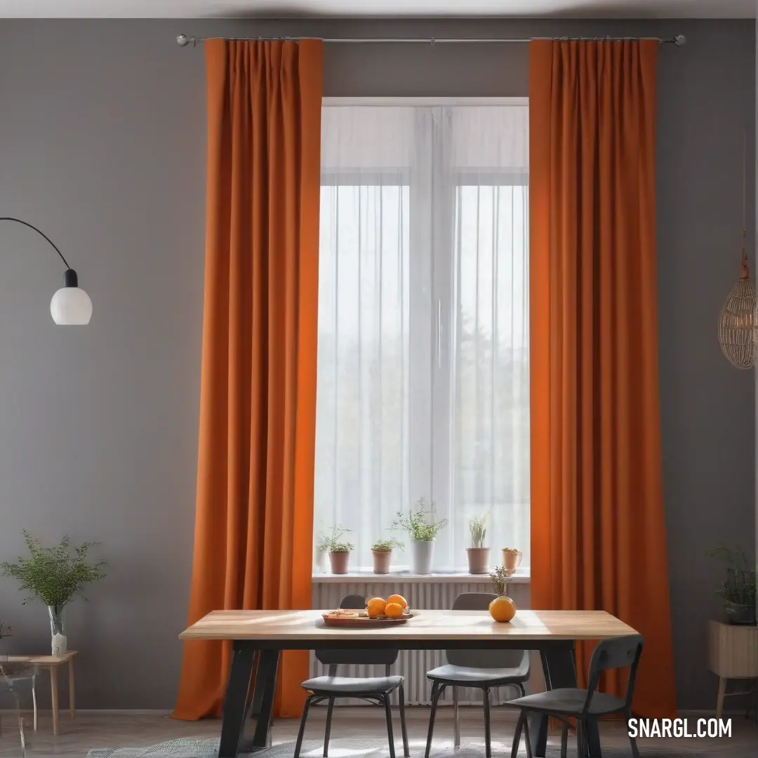 A relaxing dining room scene featuring a well-set table surrounded by stylish chairs, enhanced by a sunny window dressed with orange curtains, complemented by a potted plant for a touch of nature.