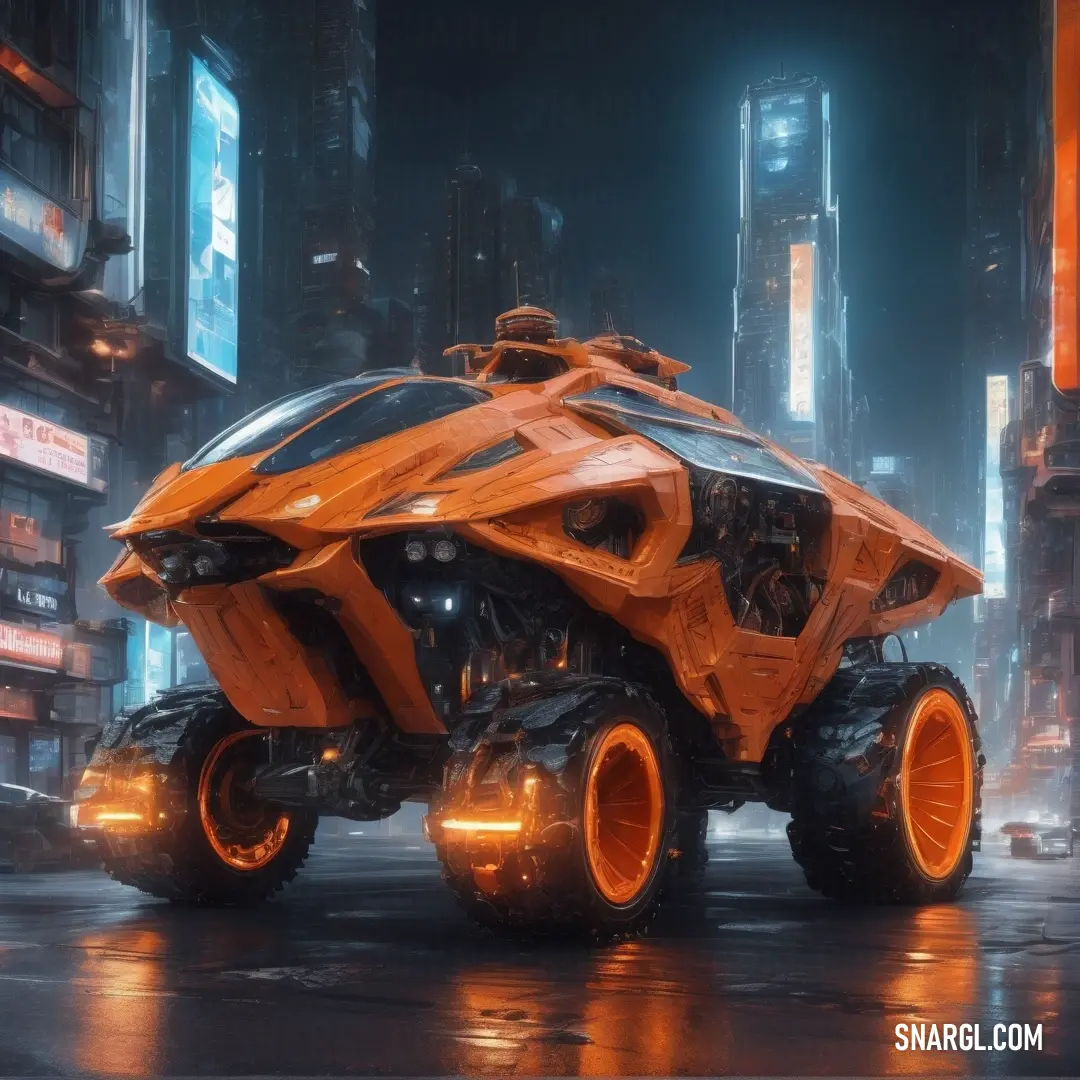 NCS S 2570-Y30R color example: Futuristic vehicle with orange wheels in a city at night time with neon lights on the buildings