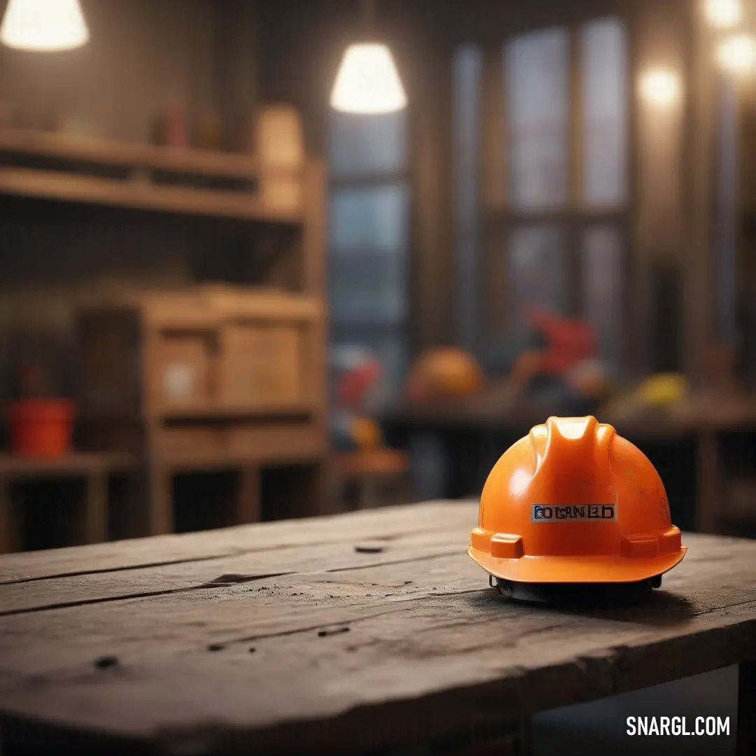 A hard hat rests on a rustic wooden table in a well-lit room, adorned with ceiling lights and a window that beautifully frames the outdoor scenery, reflecting a blend of safety and comfort.