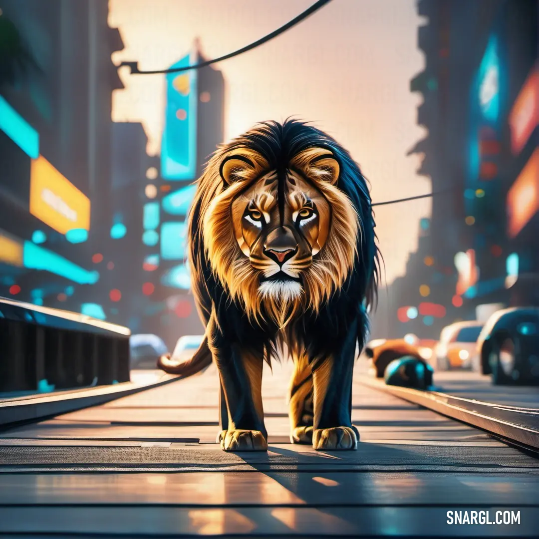 A striking image of a lion confidently strolling down a bustling city street at night, illuminated by glowing traffic lights, with modern buildings towering in the background, blending the wild with urban life.