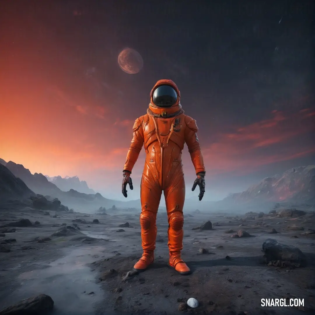 A man clad in an eye-catching orange space suit stands triumphantly on a rocky landscape, framed by a distant planet, evoking an adventurous narrative of exploration and discovery.