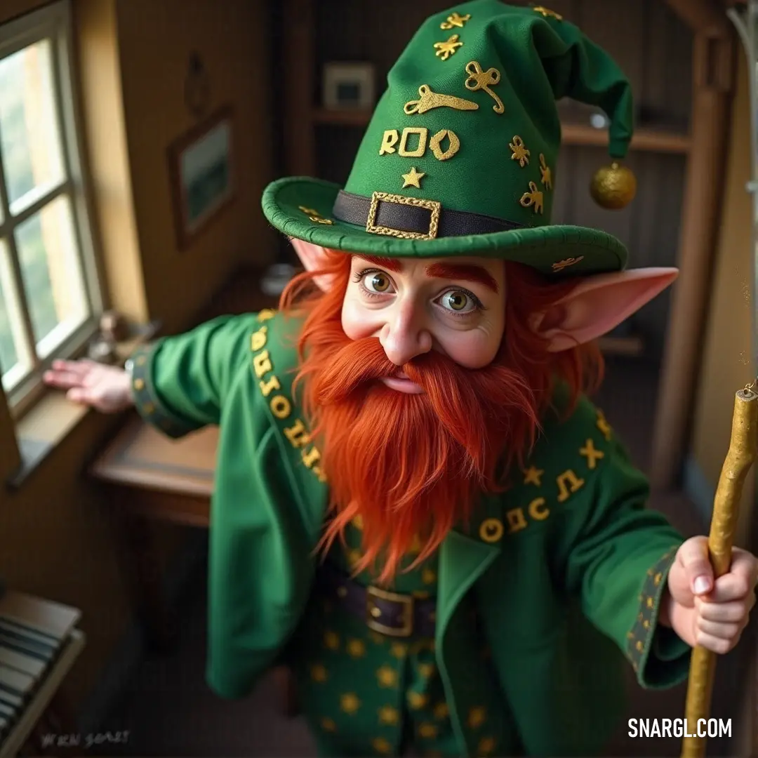 A man with a striking red beard and a green hat stands boldly, grasping a stick wrapped in a sense of adventure. Clad in a green jacket, he embodies the spirit of exploration, set against a backdrop of an undefined yet enchanting wilderness.