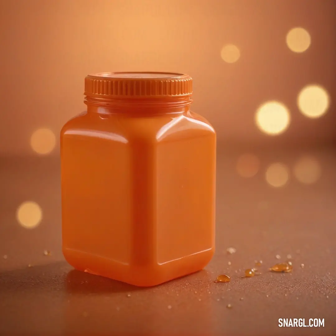 A vibrant bottle filled with a bright orange liquid, resting on a simple wooden table. The soft focus background enhances the striking color of the liquid, drawing attention to the bottle's elegant shape and the warm glow of the light surrounding it.