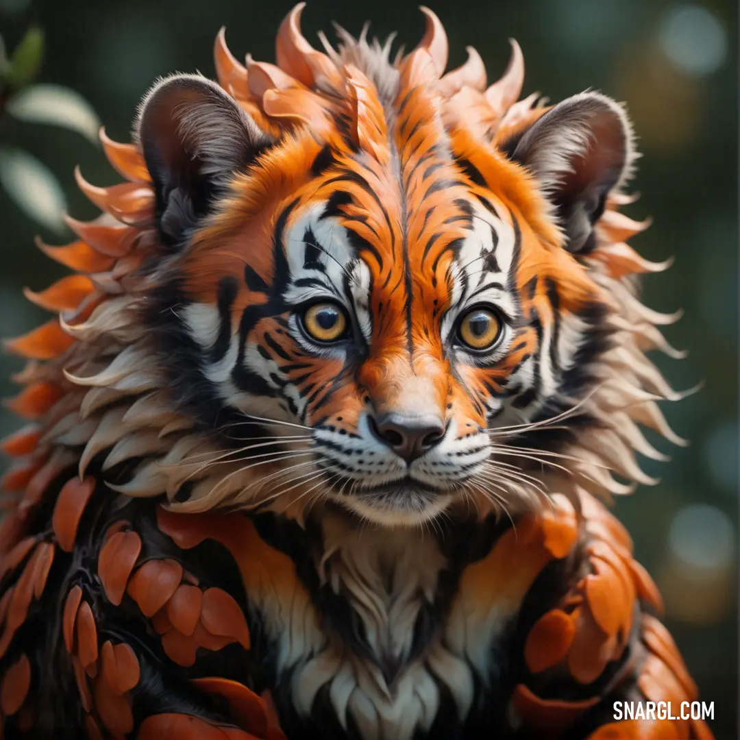 Close up of a tiger statue with a blurry background. Color RGB 206,104,0.