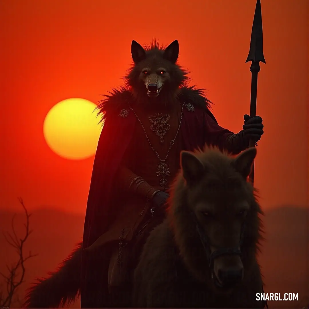 A man dressed in an imaginative wolf costume rides proudly atop a sturdy horse, complete with a wolf companion perched on its back. Together, they embody an exhilarating spirit of adventure, with a sword raised high, ready for any challenge that awaits.