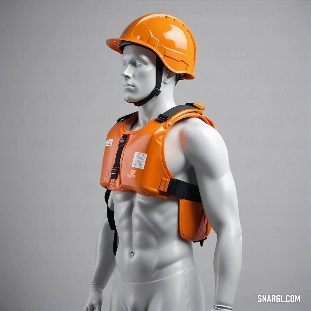 A vivid display of a mannequin dressed in a bright safety vest and helmet, emphasizing safety in style, its reflective accents spark against a neutral background, embodying the importance of protective gear in various environments.