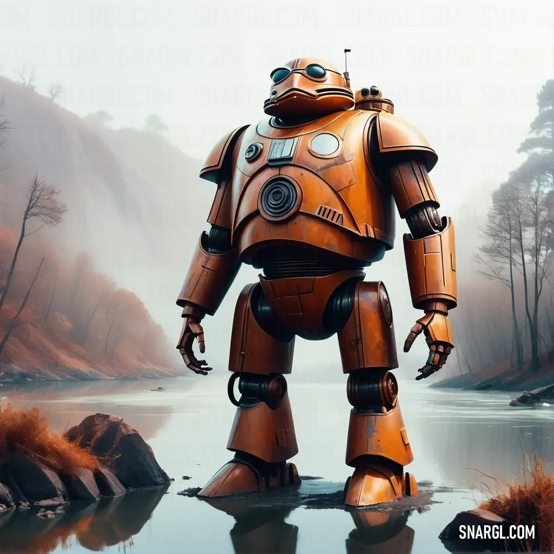 Robot standing in a body of water with a forest in the background. Color CMYK 0,60,100,15.