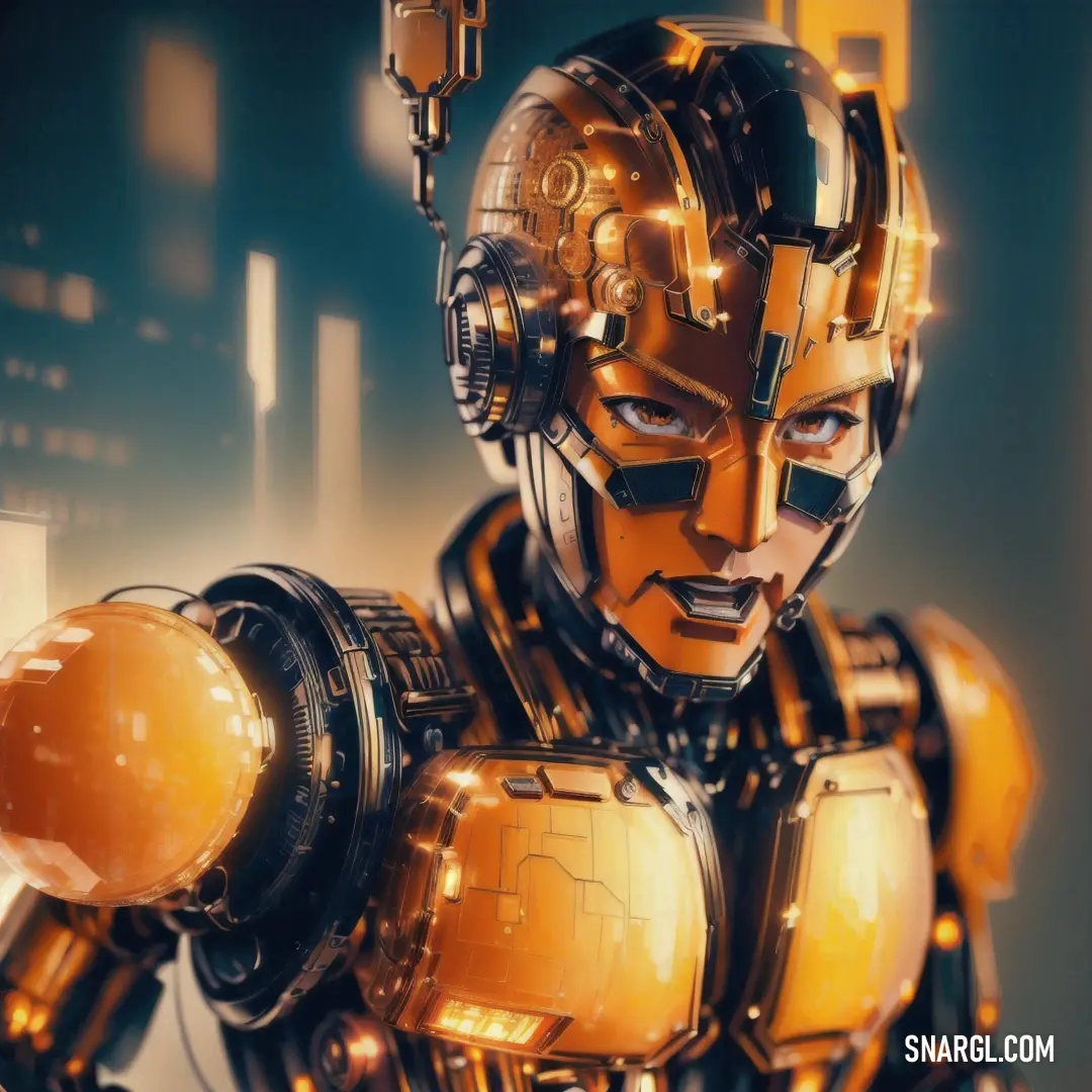 An engaging portrayal of a robot with a vivid yellow light illuminating its face and arm, set against a stylized cityscape backdrop, merging futuristic technology with an urban nighttime ambiance.