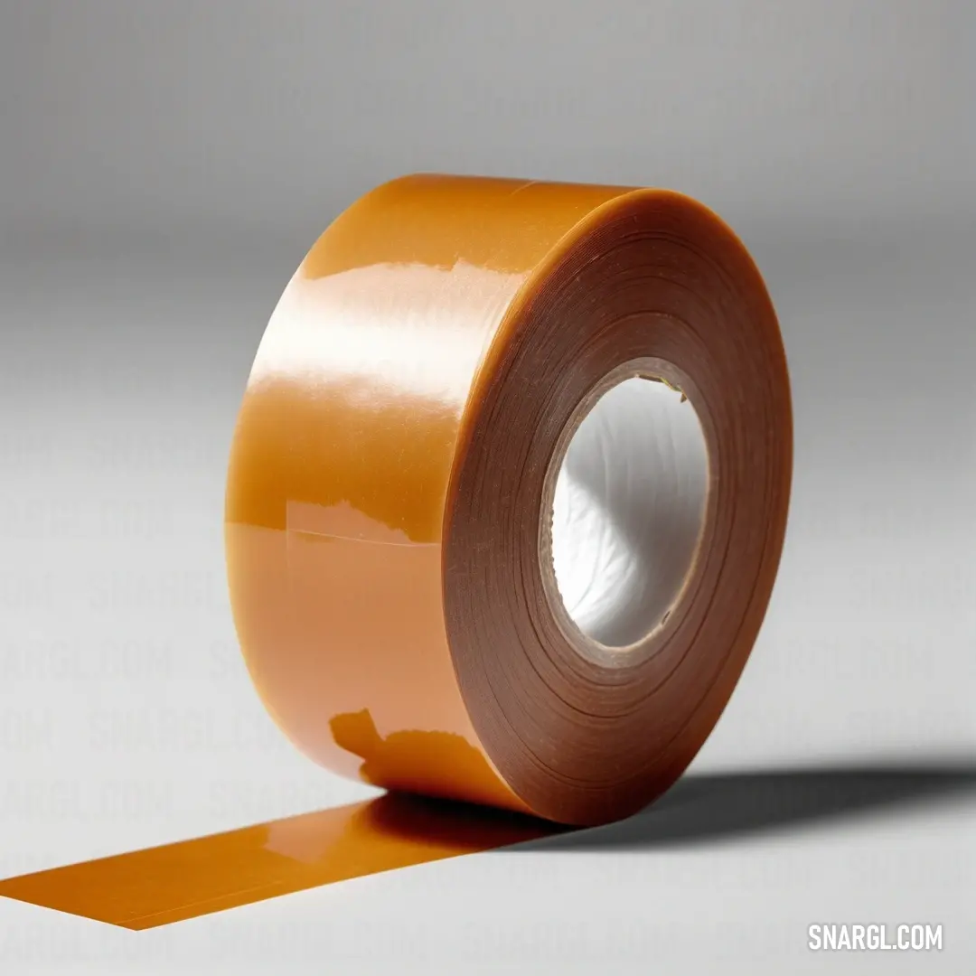 A roll of vivid orange tape rests against a clean white surface, casting a delicate shadow behind it that adds depth to this simple yet striking image, where color and form meet in an artistic dialogue.