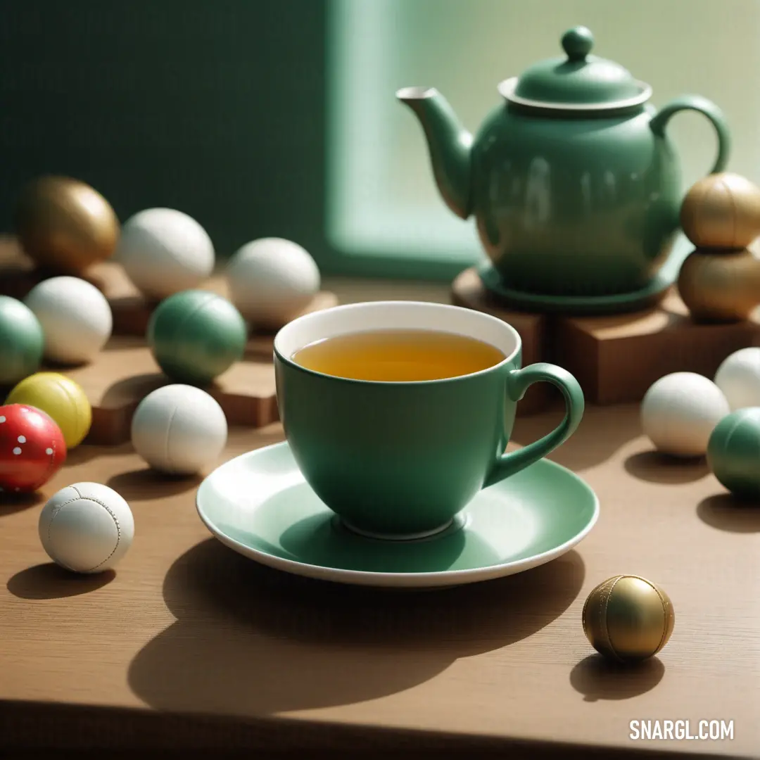 A charming tea setting featuring a delicate tea cup with a matching saucer, accompanied by a tea ball, a teapot, and an assortment of colorful balls, creating an inviting scene perfect for relaxation and conversation.