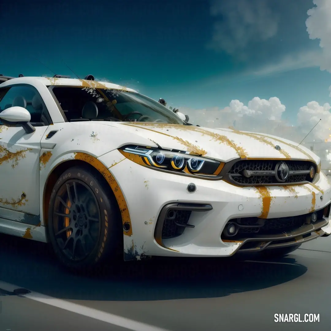 A white car with visible rust patches cruises down a quiet road. The sky is filled with dramatic clouds, creating a contrast against the weathered look of the vehicle. The color of the car resembles NCS S 2570-Y30R, a soft, warm hue.