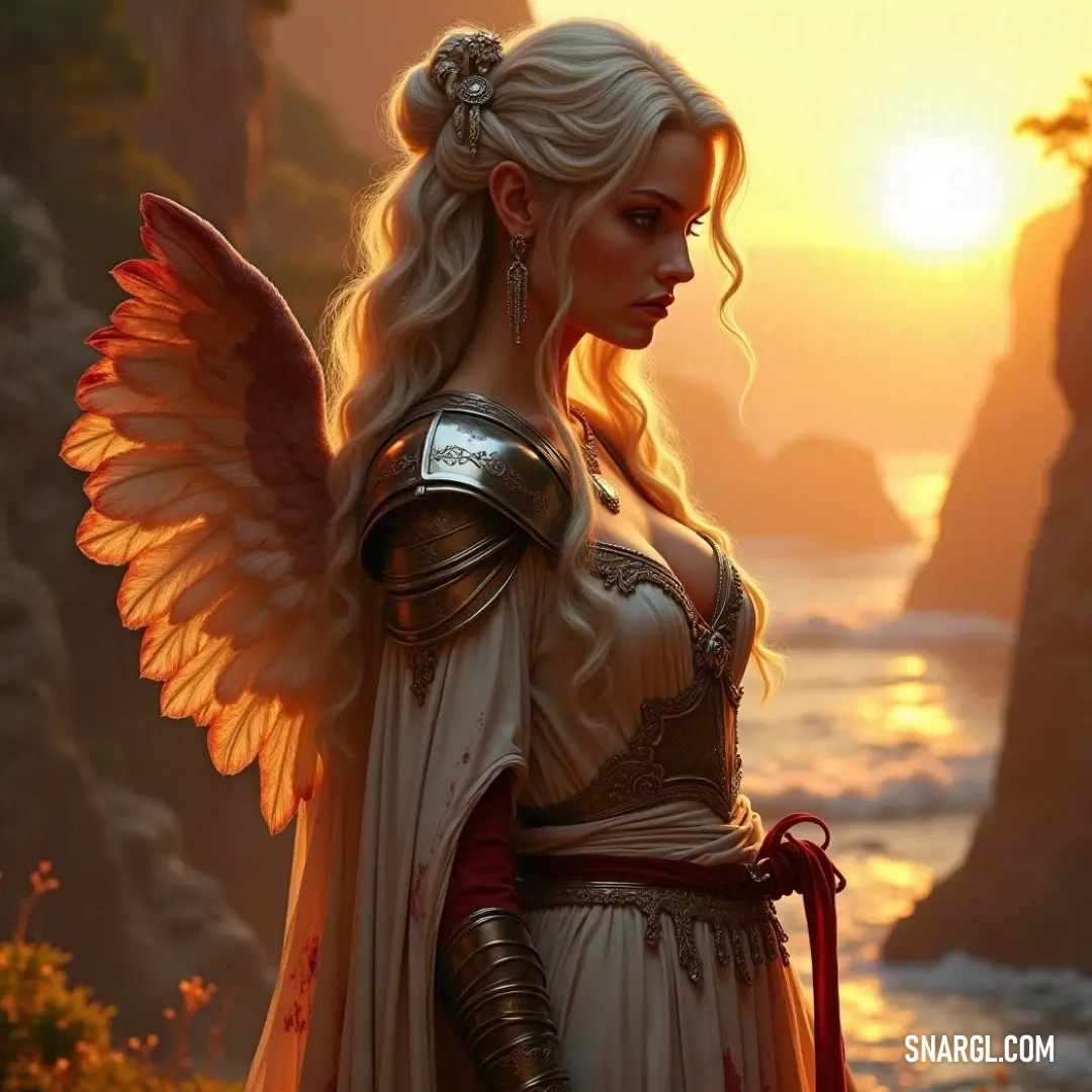 An enchanting scene featuring a woman clad in armor, wielding a sword, and adorned with impressive wings, set against a breathtaking sunset illuminating cliffs and a tranquil body of water, creating a sense of adventure and mystique.