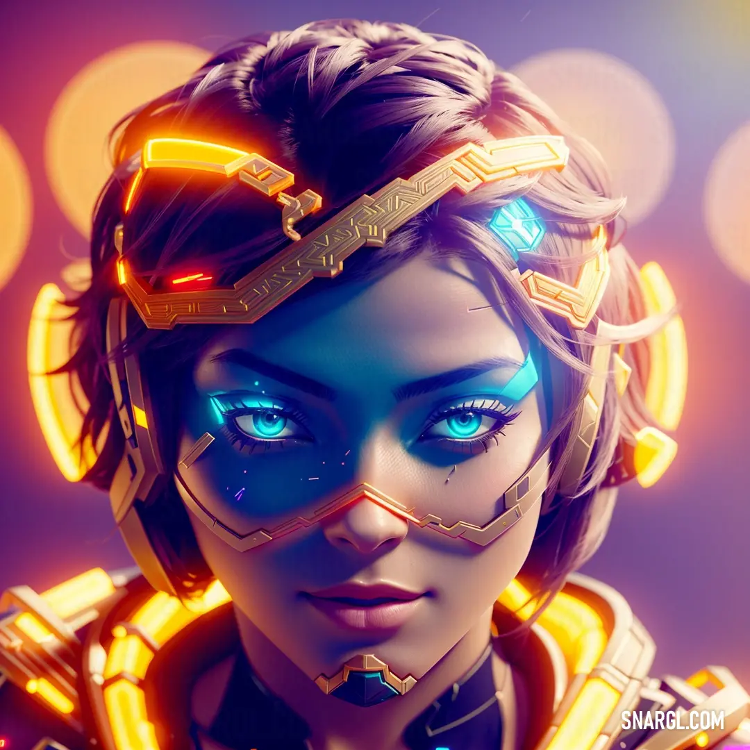 A woman with piercing blue eyes wears a high-tech helmet, her gaze steady and focused. The sci-fi look is enhanced by the bold color combination of CMYK 0,60,100,15, emphasizing strength and technology.