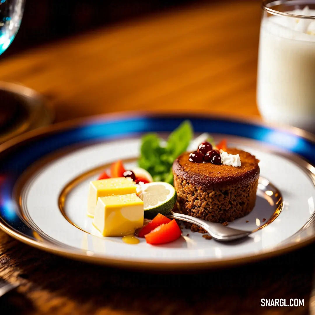 Plate with a dessert and a glass of milk on a table with a spoon. Color RGB 206,104,0.