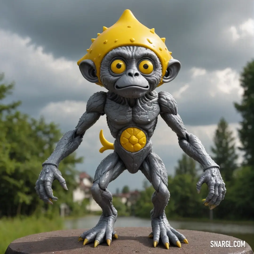 A whimsical statue of a playful monkey wearing a bright yellow helmet, perched on a rugged rock formation by a serene body of water, capturing the essence of adventure and curiosity.