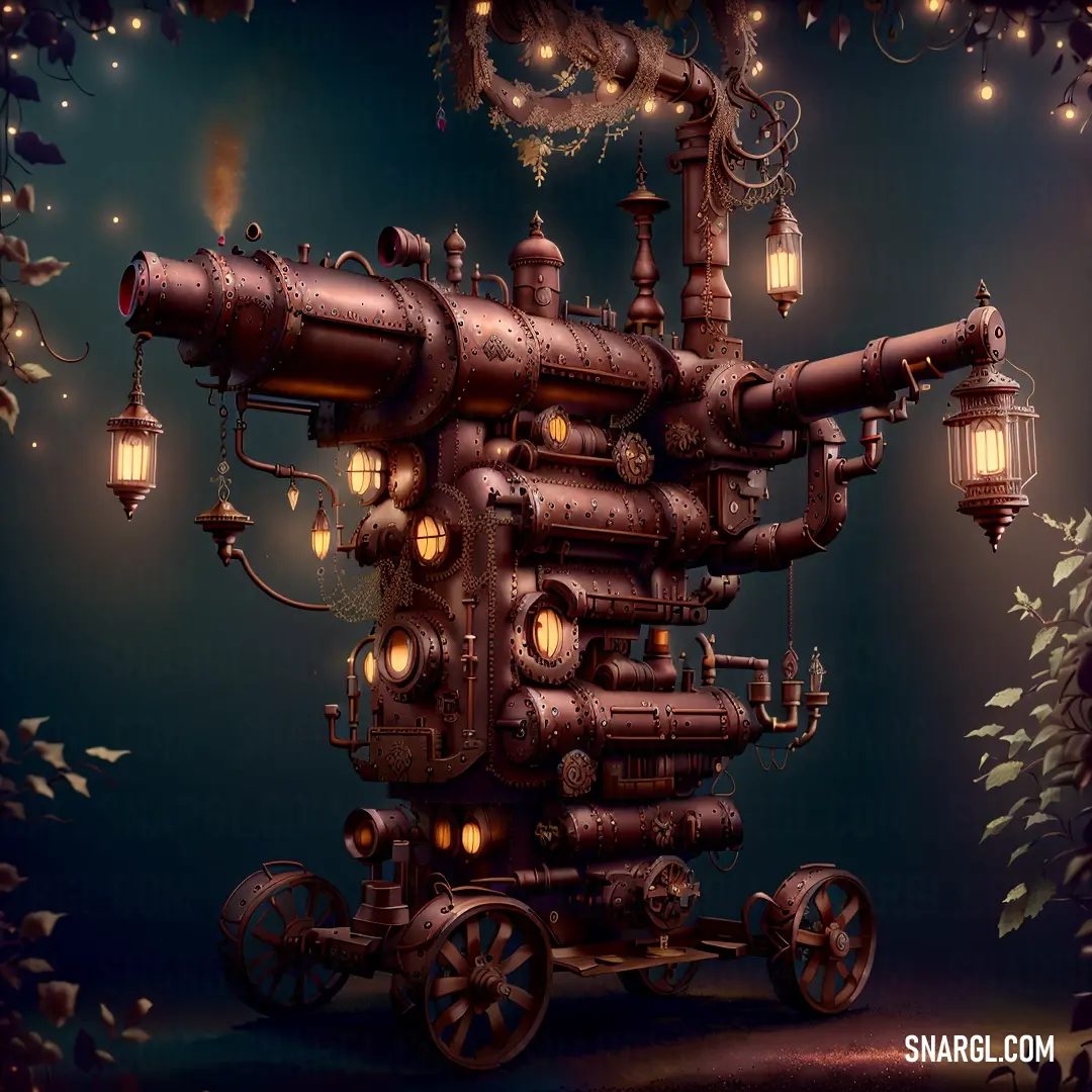 A vintage steam engine, adorned with glowing lights, powers down the tracks. A bird soars by, adding a sense of freedom to the mechanical beauty. The steam engine's body reflects the tone of NCS S 2570-Y30R.