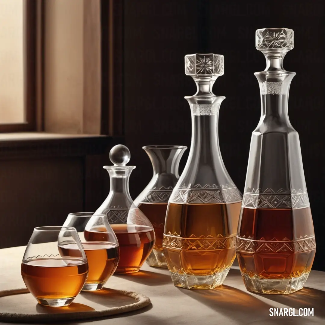 An elegant table elegantly arranged with an array of exquisite decanters and glasses, showcasing their rich colors that capture the eye and arouse the senses in anticipation of delightful beverages.