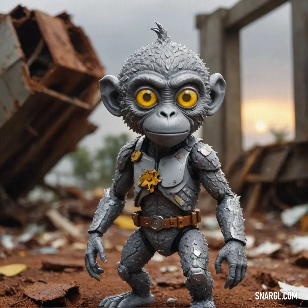 A striking toy monkey with luminous yellow eyes, confidently standing atop a pile of construction rubble, with a damaged building looming in the background, embodying resilience amid chaos.