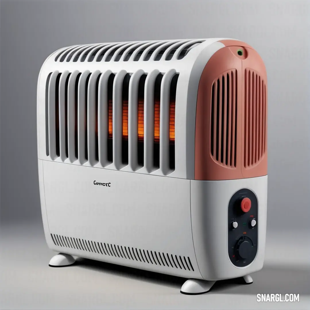 A contemporary white and orange heater perched on top of a sturdy table, positioned against a cool gray wall, exhibiting a striking visual contrast that adds a modern touch to any interior space.