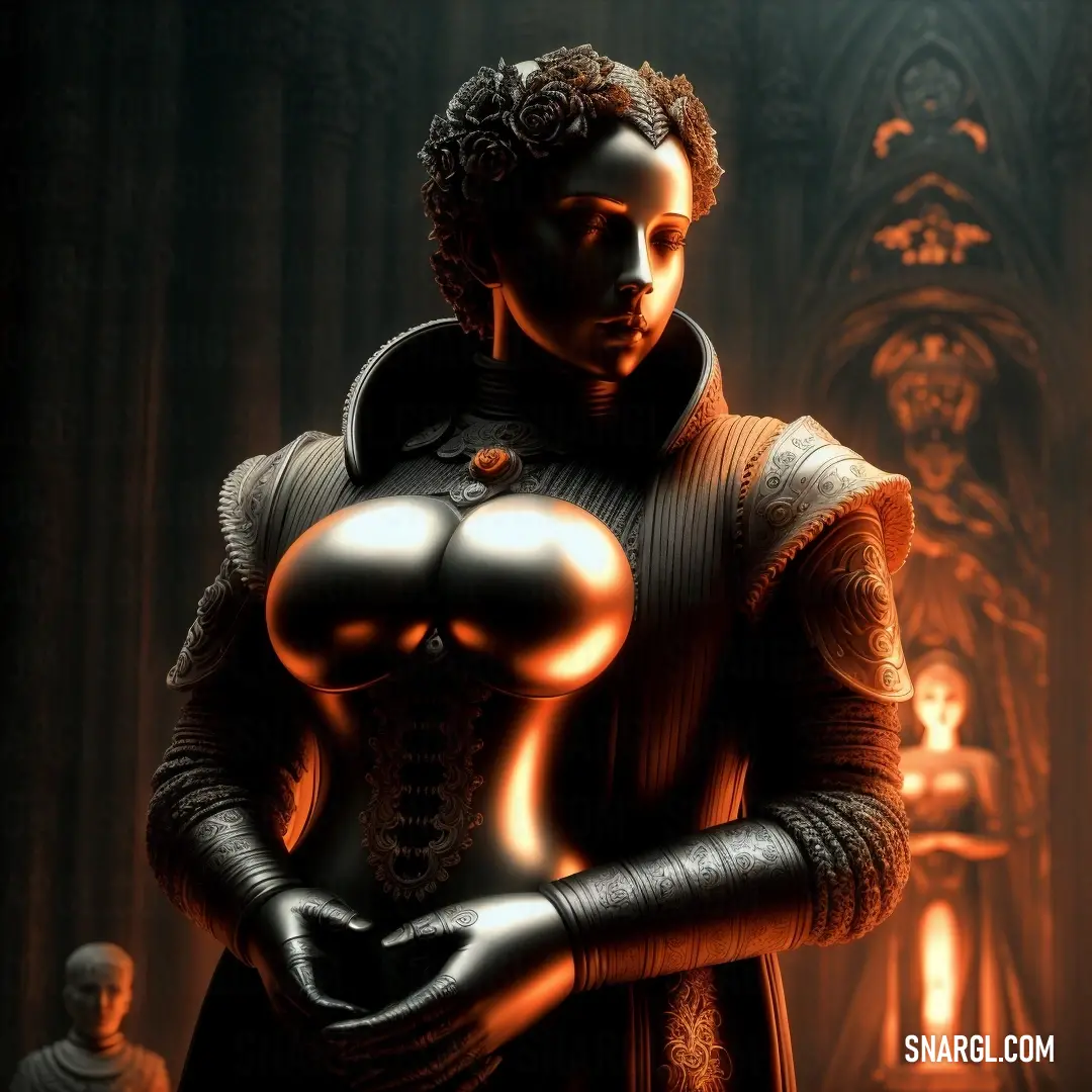 A woman in a sleek, futuristic suit stands in a dimly lit room, holding a mannequin. The intense orange hue of #CE6800 casts a mysterious glow over the scene, amplifying the tension and intrigue.