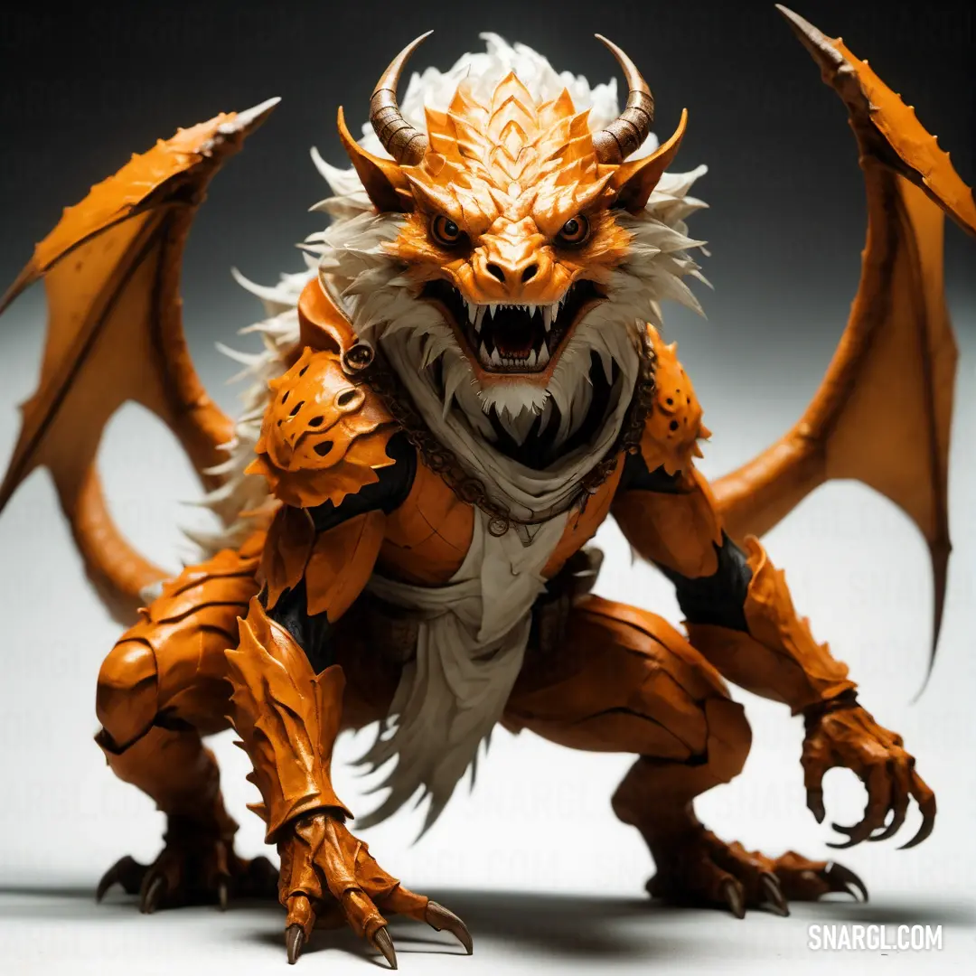 Close up of a toy dragon on a white surface with a black background. Example of NCS S 2570-Y40R color.