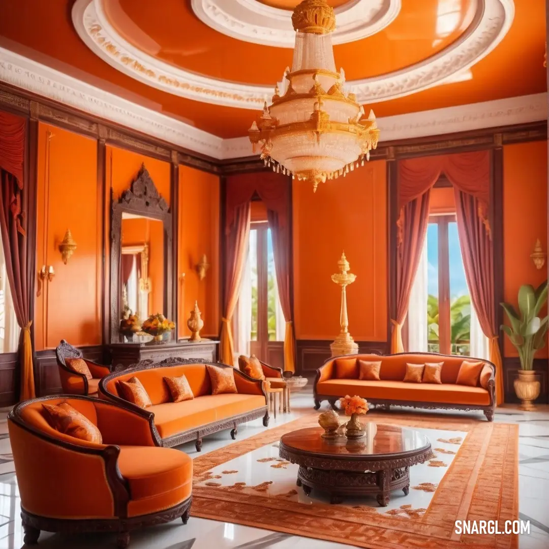 Living room with orange walls and a chandelier hanging from the ceiling and a large rug on the floor. Example of RGB 198,81,0 color.