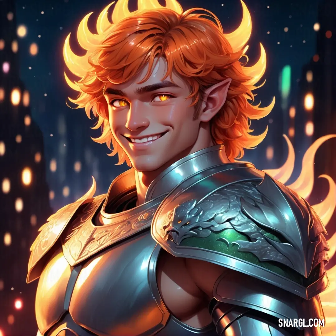Man in armor with a glowing orange hair and a smile on his face, with a city in the background. Example of #C53C00 color.