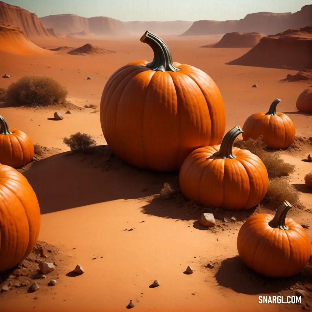 Group of pumpkins on top of a desert floor in the desert with a sky background. Color NCS S 2570-Y50R.