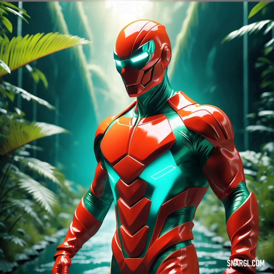 NCS S 2570-Y70R color. Man in a red and green suit standing in a jungle with a stream of water behind him