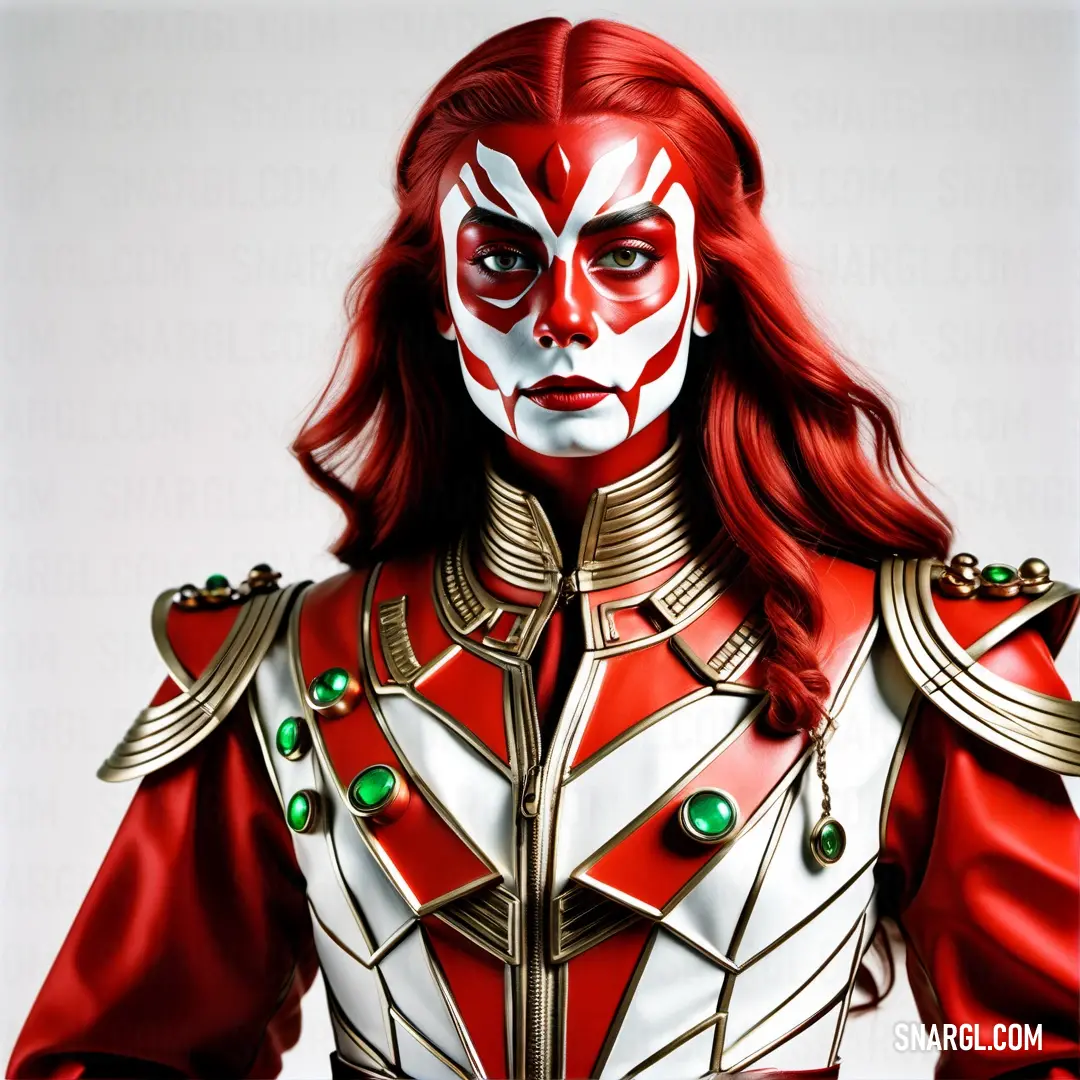 NCS S 2570-Y70R color. Man with red hair and makeup wearing a red and white suit and a red and white mask and green eyes