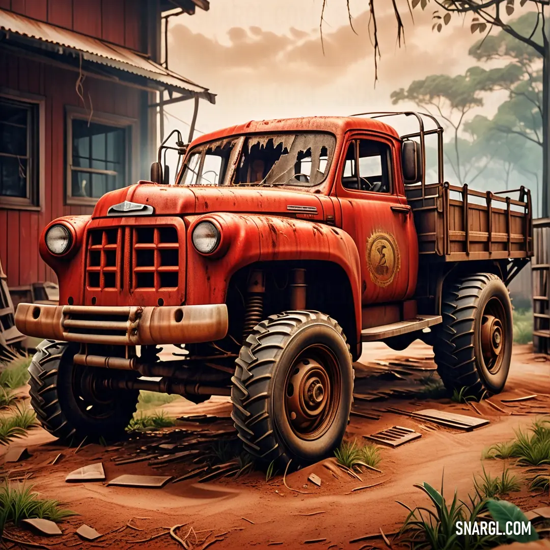 Red truck parked in front of a red building with a red roof and a red barn behind it. Example of NCS S 2570-Y70R color.