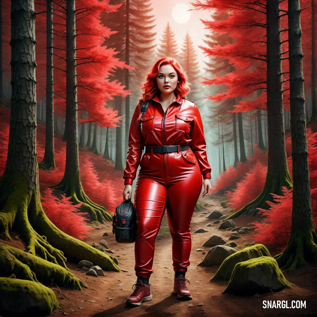 Woman in a red suit is walking through a forest with red trees and a black purse in her hand. Example of RGB 150,10,24 color.