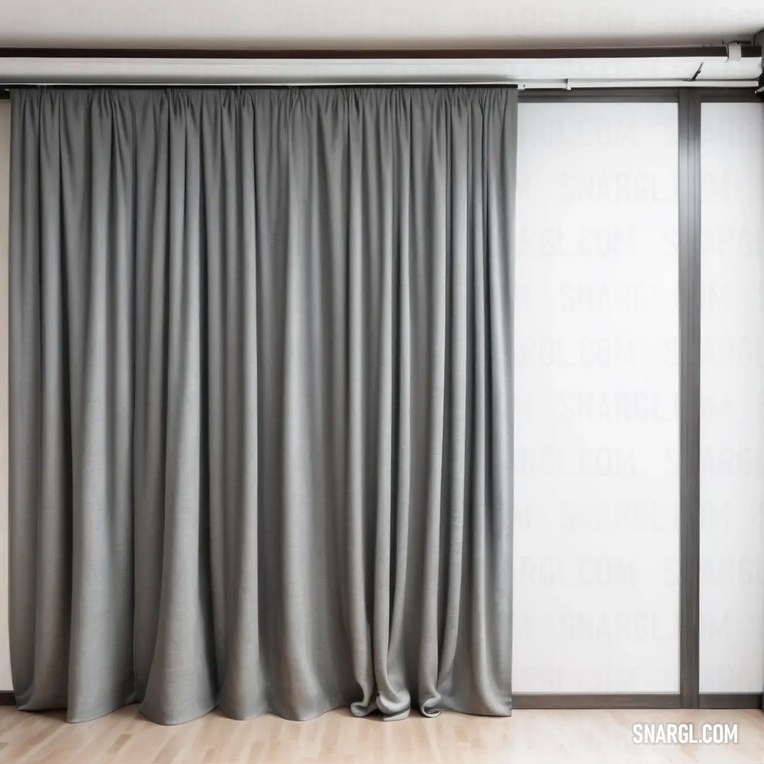 Curtain is open in a room with a wooden floor and a white wall behind it. Color RGB 192,191,190.