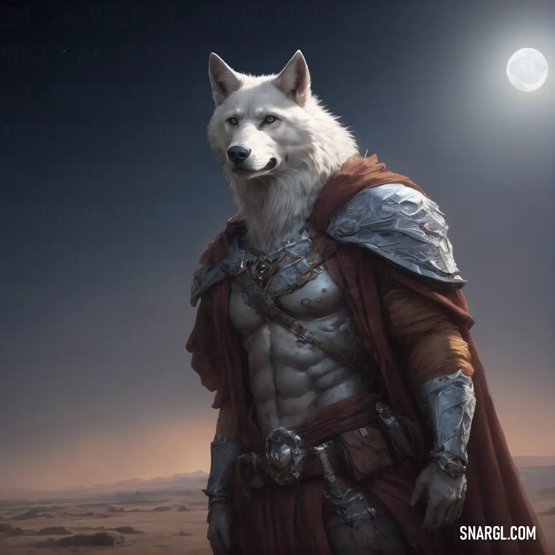 Wolf with a cape and a cape on standing in the desert with a full moon in the background. Color NCS S 3000-N.