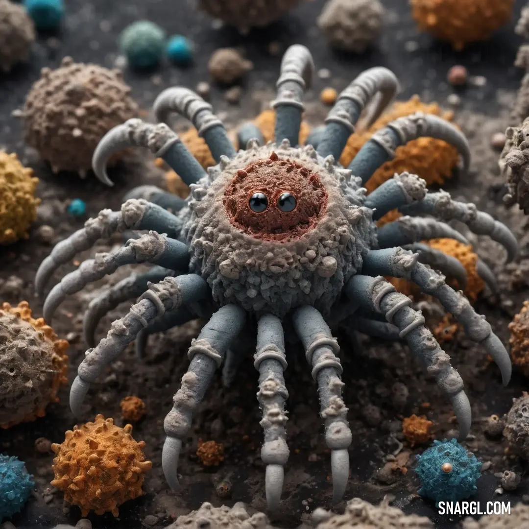 NCS S 3005-B20G color. Close up of a spider on a surface with rocks and gravels around it and a blue eye