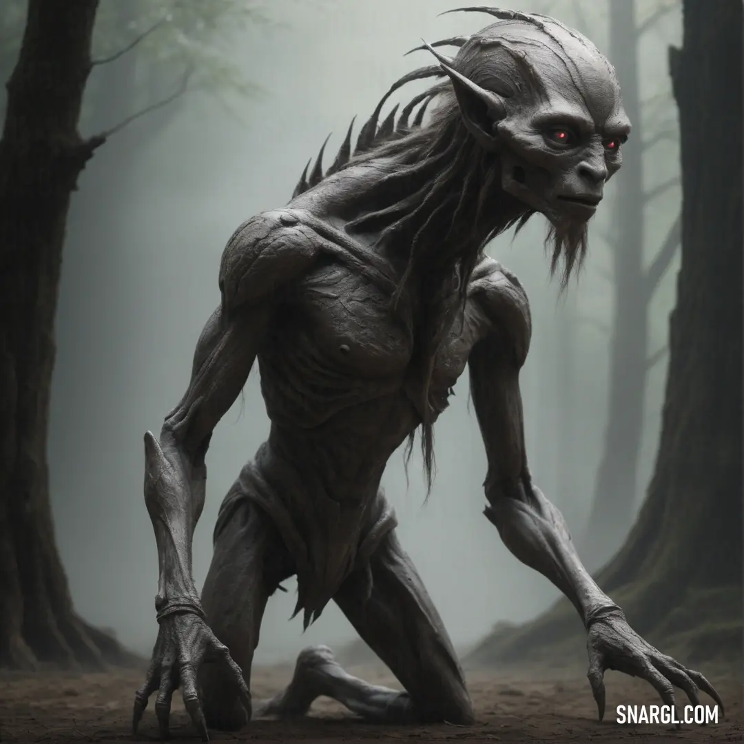 Creature with red eyes and long hair standing in a forest with trees and fog in the background. Color RGB 151,164,161.