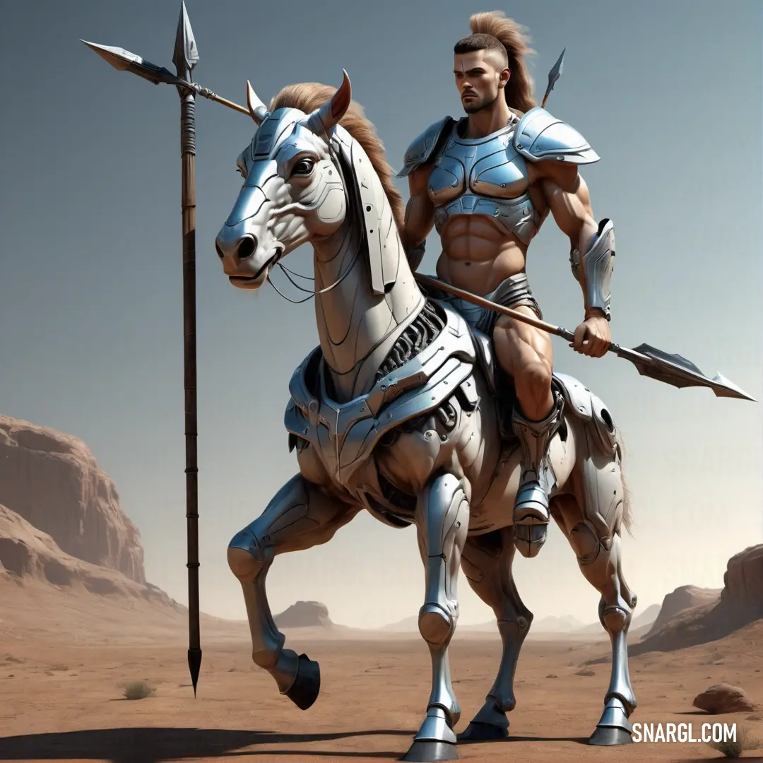 Man in armor riding a horse with a spear and spear in his hand and a spear in his other hand. Example of NCS S 3005-R20B color.
