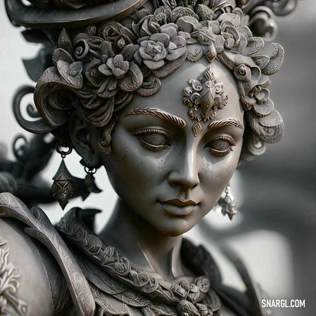 Statue of a woman with a flowered headdress on her head and a flowered crown on her head. Color #A69D9B.