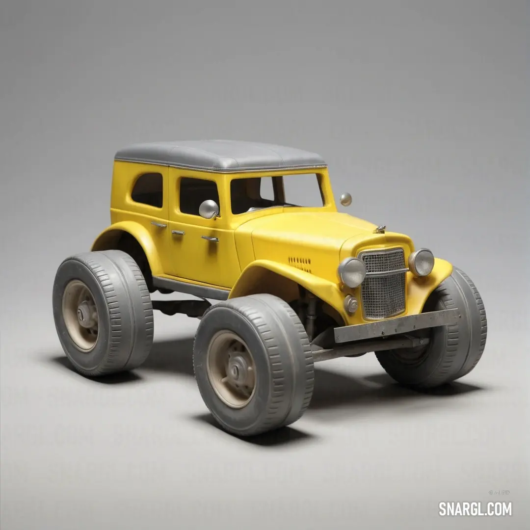 NCS S 3005-R50B color. Yellow toy truck with big tires on a gray background
