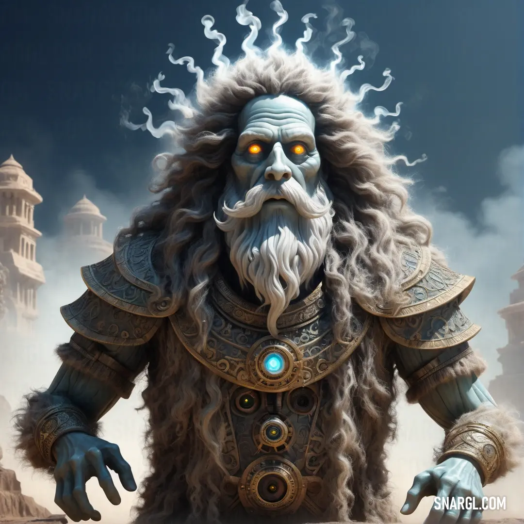 Character from the video game warcraft standing in front of a castle with a glowing eyeball in his hair. Example of NCS S 3005-Y20R color.