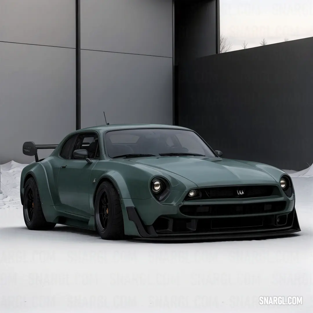NCS S 3010-B30G color. Green sports car parked in front of a building with a snow covered ground and a black door behind it