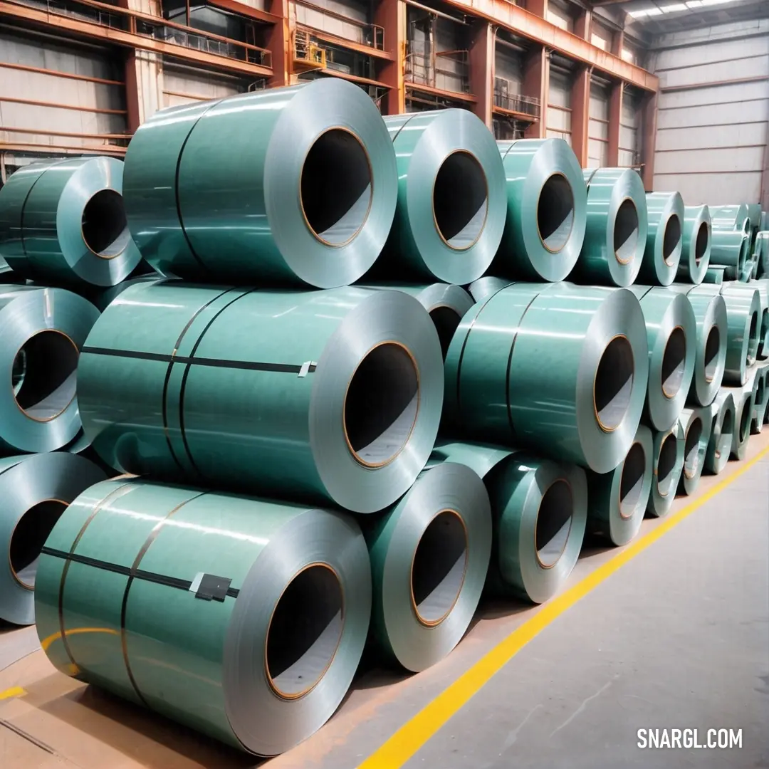 Large stack of rolled up steel in a warehouse. Example of NCS S 3010-B30G color.