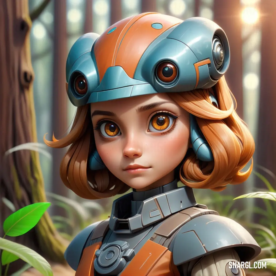 NCS S 3010-B70G color example: Cartoon character with a helmet on in the woods with a plant in the foreground