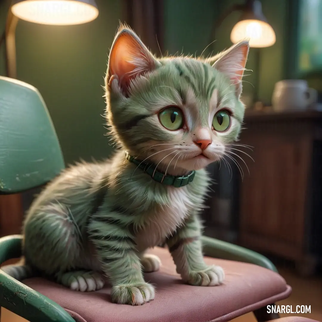 NCS S 3010-G color. Small kitten on a chair with a collar on it's neck and eyes wide open