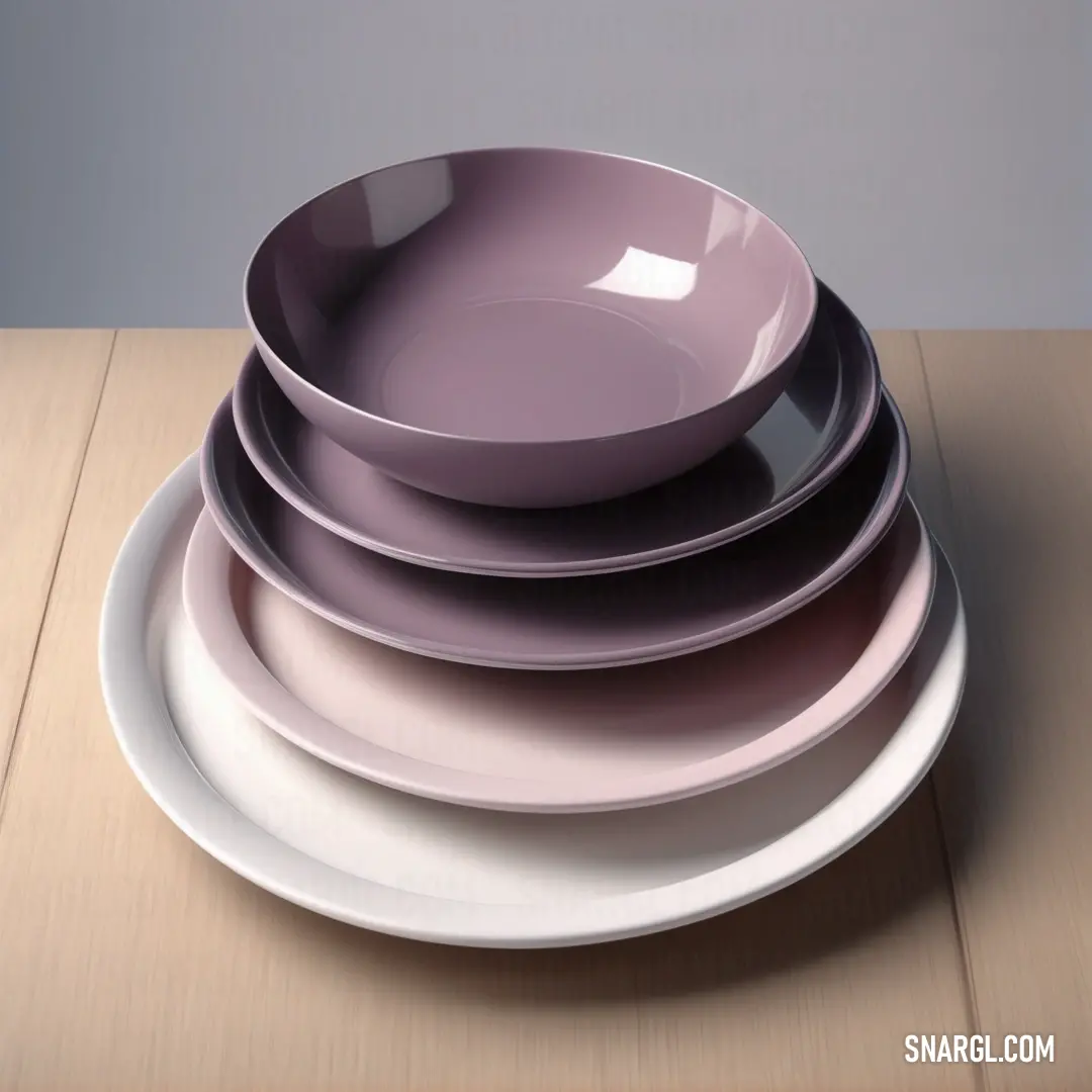 Stack of plates on top of a wooden table top next to a wall. Example of RGB 166,144,147 color.