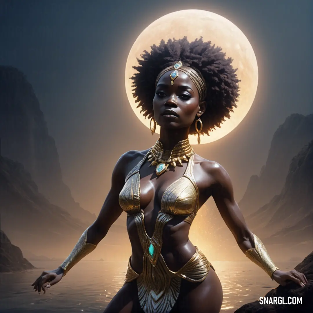 NCS S 3010-Y10R color example: Woman in a gold costume standing in front of a full moon with her hands on her hips