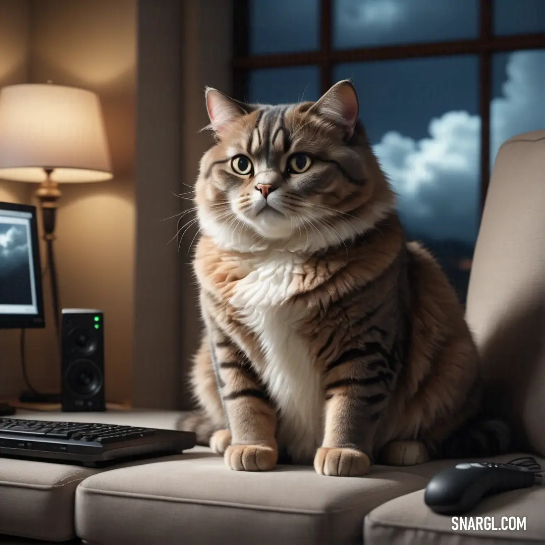 Cat on a chair next to a computer keyboard and mouse on a desk in front of a window. Color #A69371.