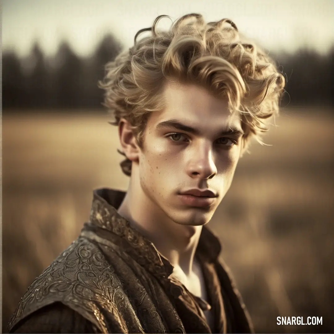 Young man with a curly haircut in a field of grass and trees in the background. Color #A69371.